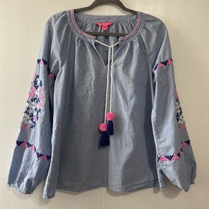Lilly Pulitzer Keela Chambray Peasant Embroidered Pink Blue Top Sz M